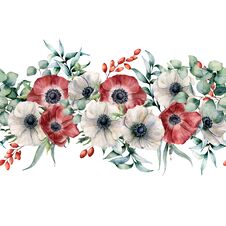 Watercolor Seamless Bouquet With Red And White Anemones. Hand Painted Flowers With Eucalyptus Leaves And Branches Royalty Free Stock Photo