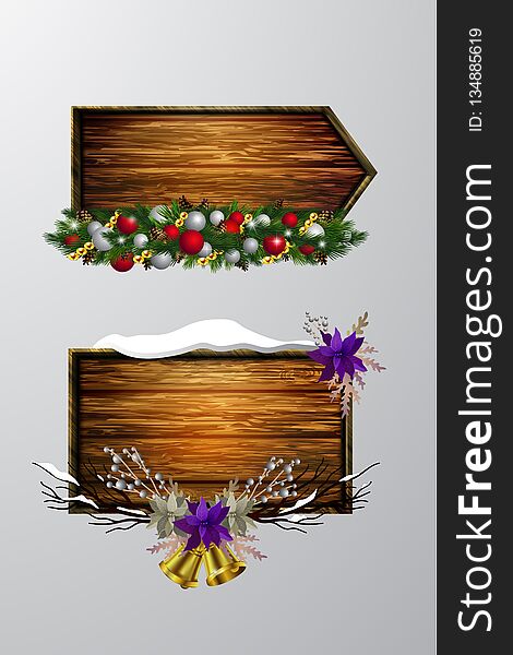 Vector realistic illustration of wooden christmas board set with christmas tree and decorations. Vector realistic illustration of wooden christmas board set with christmas tree and decorations