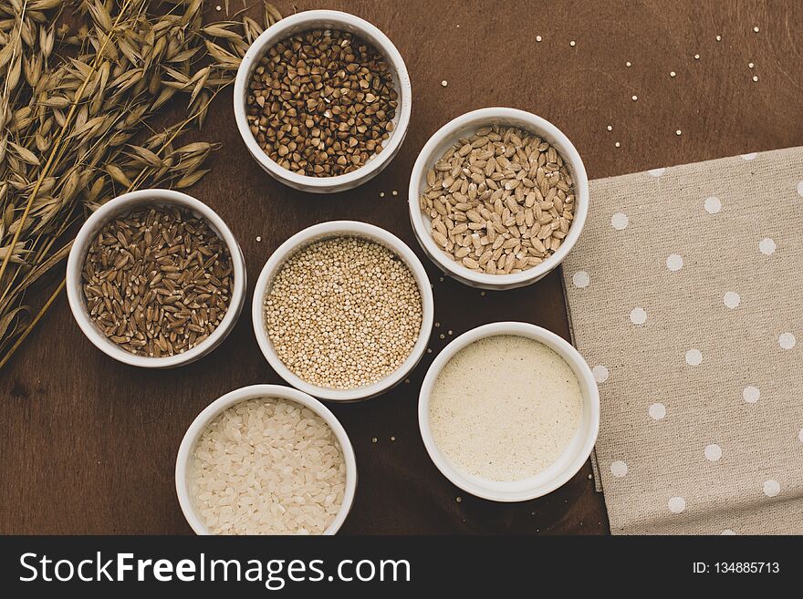 Assortment Of Assorted Cereals, Cereals For A Healthy Diet.