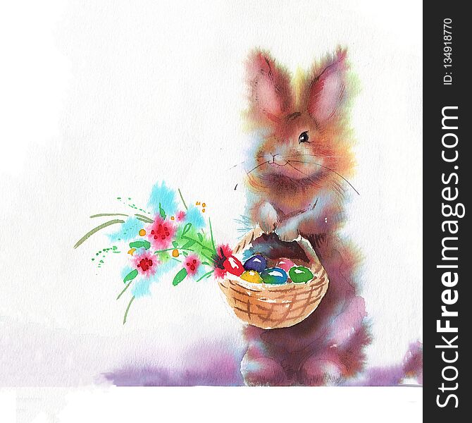 Easter bunnies and Easter eggs. Watercolors illustration with cute animals. Easter postcards