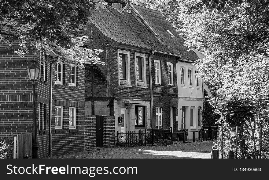 Black And White, House, Home, Town