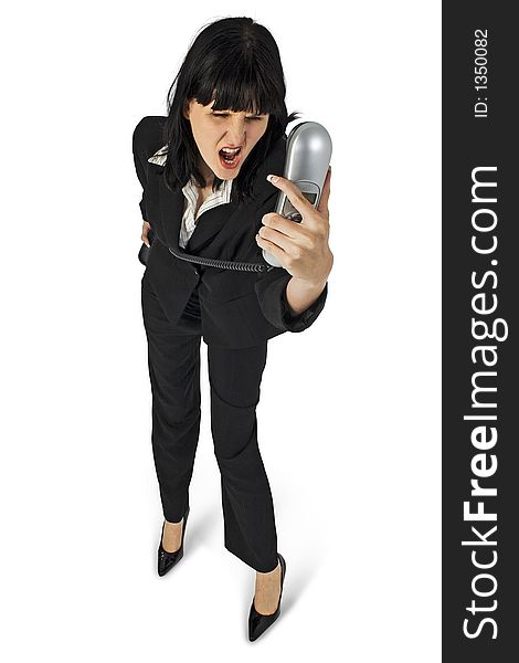 Young business woman yelling into phone. Full body over white. Young business woman yelling into phone. Full body over white.