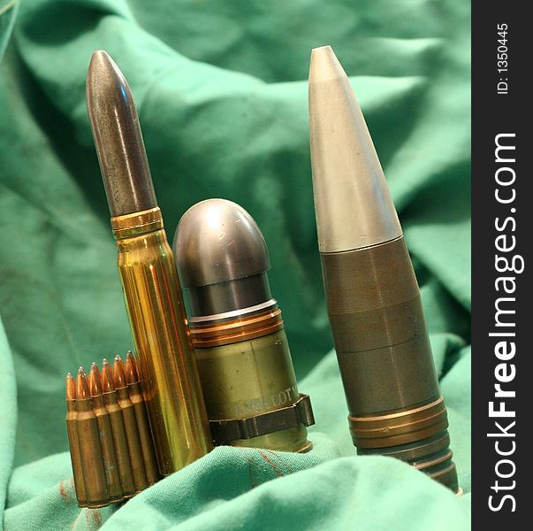 Various sizes of bullets and large projectiles. Various sizes of bullets and large projectiles