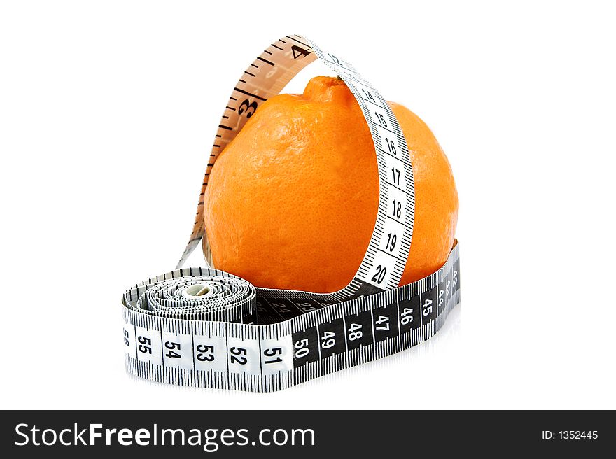 Orange naartjie with measuring tape around it on white background. Copy space. Orange naartjie with measuring tape around it on white background. Copy space.