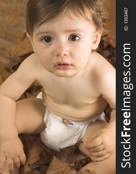 Baby  sitting on leaves in fall season