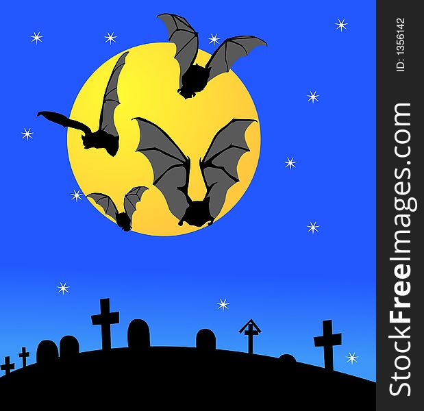 Cemetery with bats in the halloween