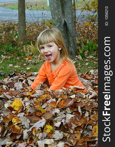 Little girl outdoors playing in freshly raked fall leaves. Little girl outdoors playing in freshly raked fall leaves.