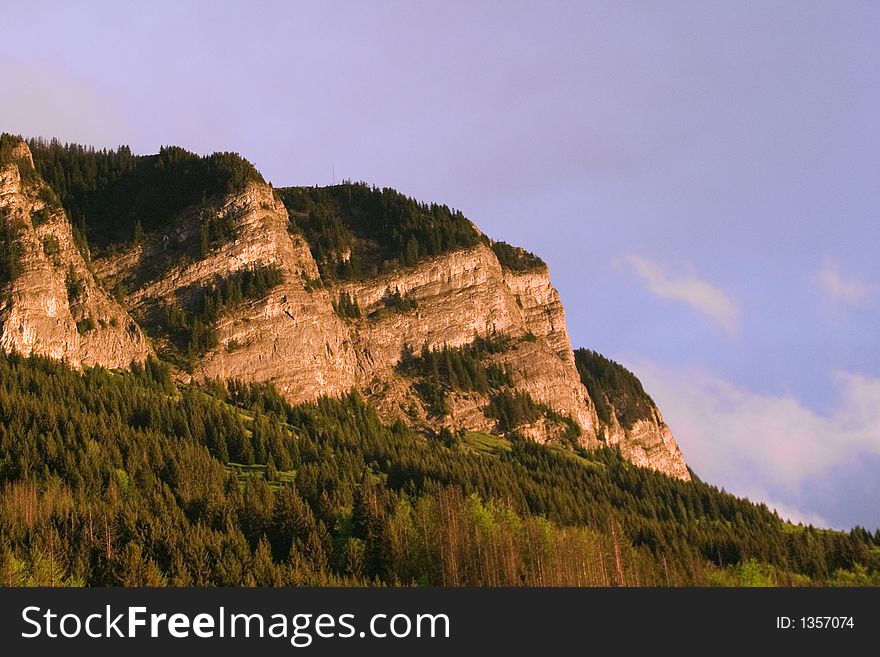 Low evening sunlight on the Pic de Memise, in the French Alps, M