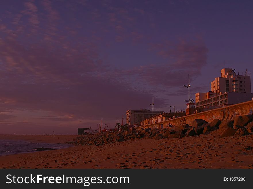 Sunset in a beach near the city