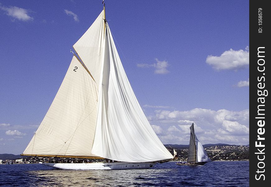 Classic sailing yacht Fife design from 1929 under full sail catching the breeze. Classic sailing yacht Fife design from 1929 under full sail catching the breeze