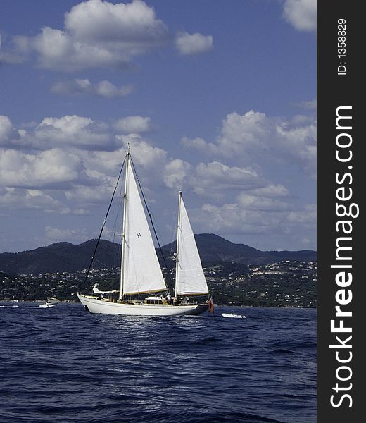 Classic sailing ship Tamory motoring in the bay of St-Tropez