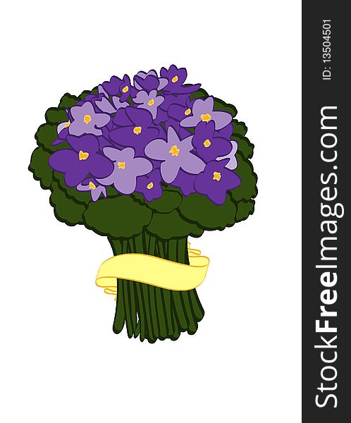 Stylized bouquet of violets with ribbon