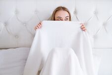 Pretty Young Woman With White Hair Hiding Face Behind Blanket In The Morning Bedroom, Comic Girl Stock Images Pretty Young Woman With White Hair Hiding Face Behind Blanket In The Morning Bedroom, Comic Girl Stock Images