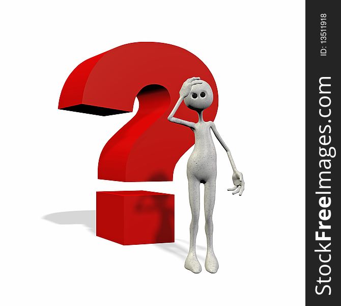 Comic man standing before question mark, 3d. Comic man standing before question mark, 3d