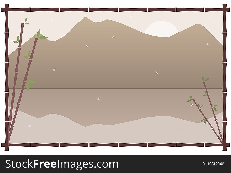 Illustration of a magic landscape with a bamboo frame.EPS file available. Illustration of a magic landscape with a bamboo frame.EPS file available