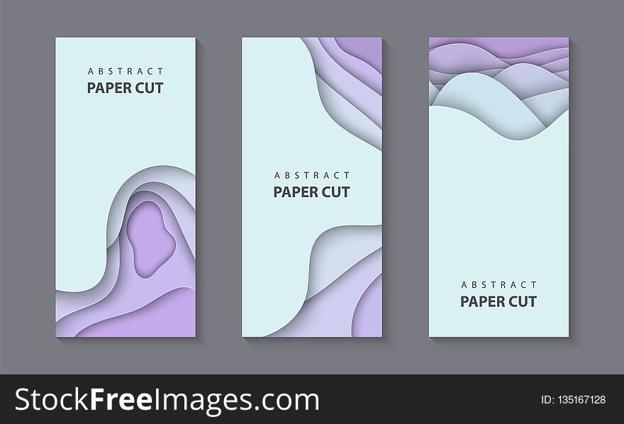 Vector vertical flyers with neon color paper cut waves shapes. 3D abstract paper style, design layout for business presentations