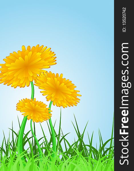 Graphic Illustration of dandelions and grass over blue sky