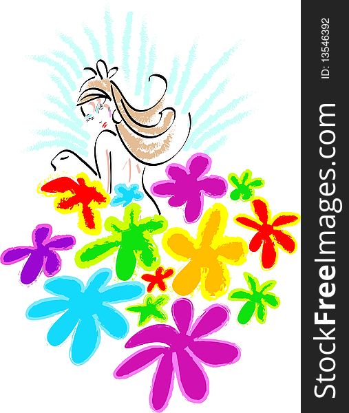 Colourful flowers and teen age girl brush stroke art work. Colourful flowers and teen age girl brush stroke art work