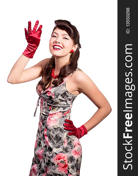 Pin-up girl with red gloves studio shot
