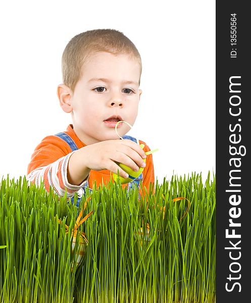 Easter egg hunt, boy searching for easter eggs hidden in fresh green grass