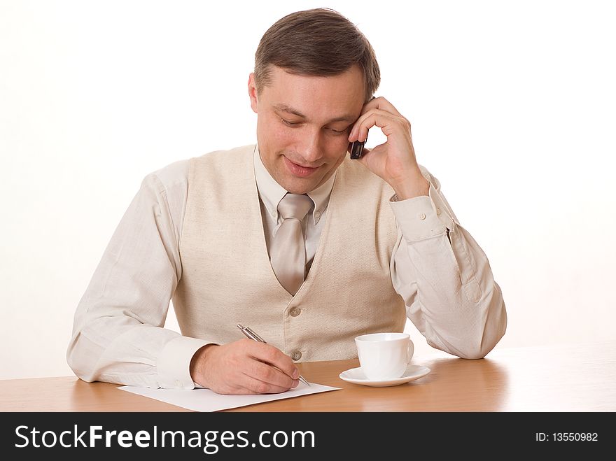 Businessman, wrote a table on a white background