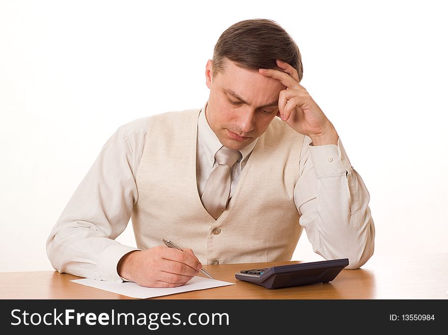 Businessman finds a table on a white background. Businessman finds a table on a white background