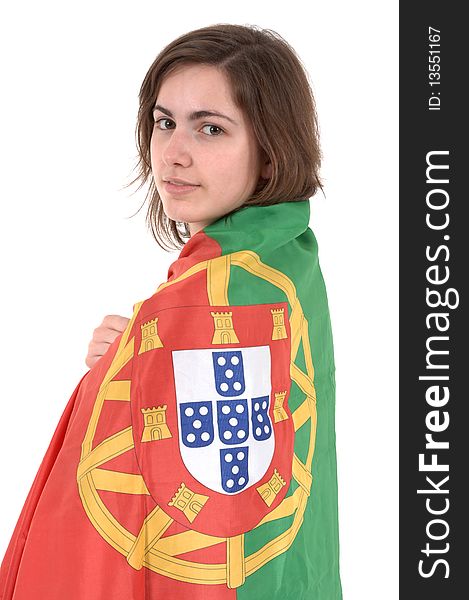 Woman Portugal Soccer fan, isolated on white background