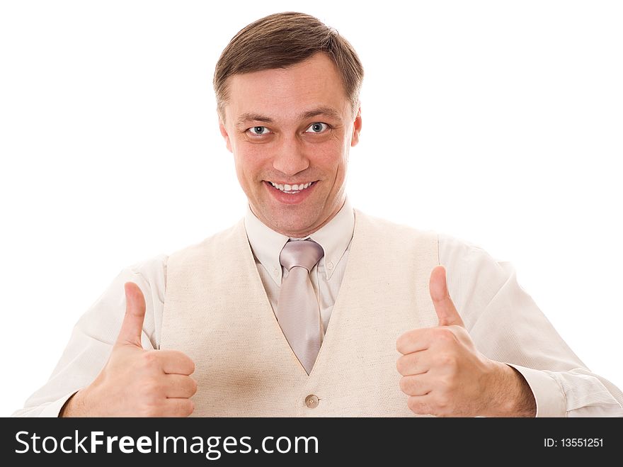 Beautiful happy young businessman standing on white background
