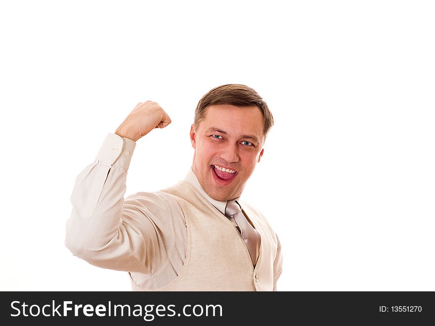 Young handsome businessman is happy on a white background