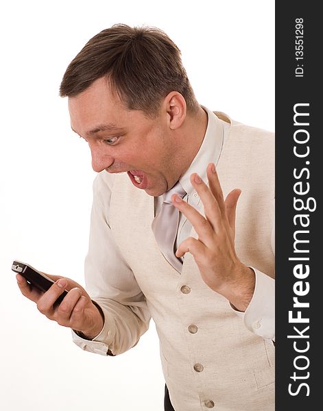 Young man talking on the phone on a white