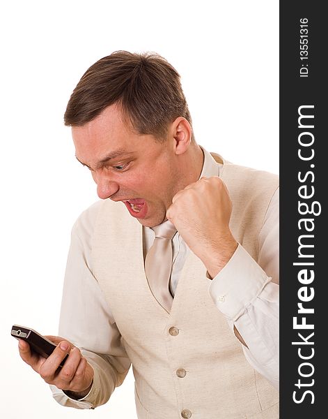 Young man talking on the phone on a white