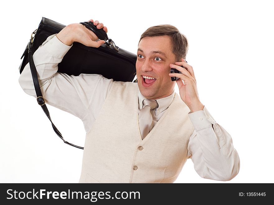 Rather business man standing on white background