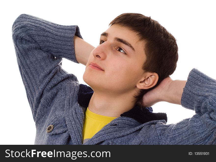 Handsome man stands and thinks on a white background. Handsome man stands and thinks on a white background