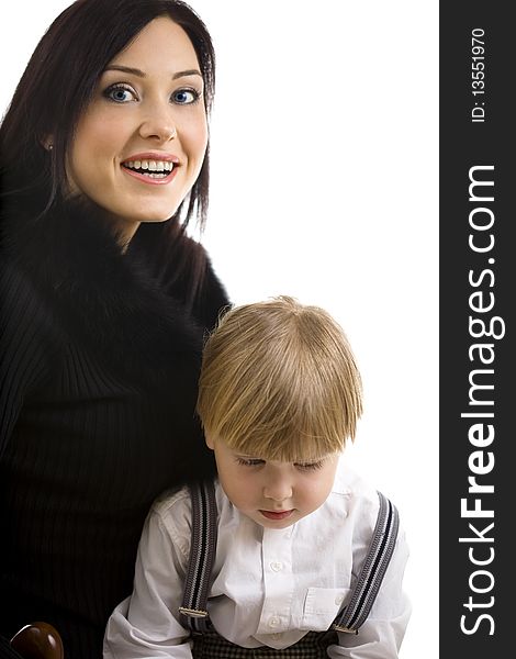 Portrait with Young mother and her son on white. Portrait with Young mother and her son on white