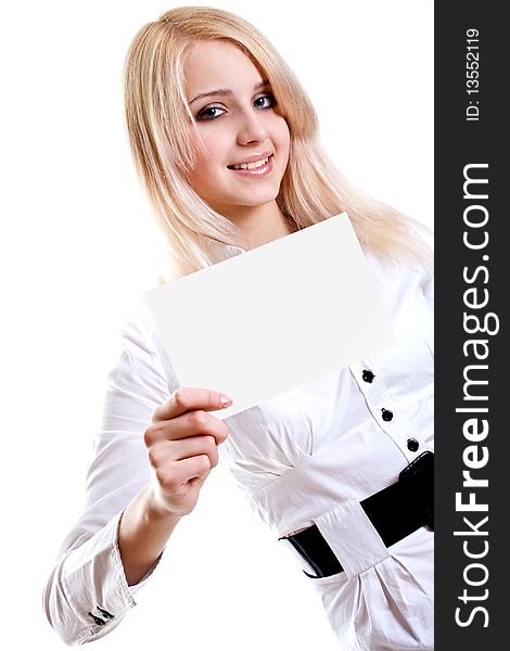 Young business woman with business card on a white background