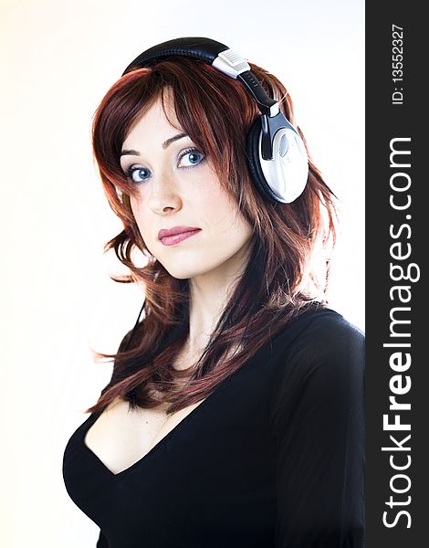 Woman With Headphones Isolated High Key Portrait