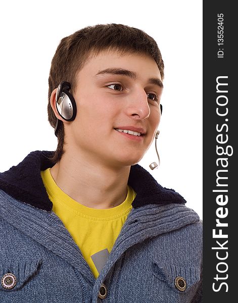 Teenager with headphones on white background. Teenager with headphones on white background