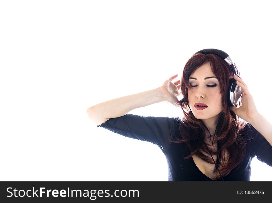 Woman With Headphones Isolated High Key Portrait