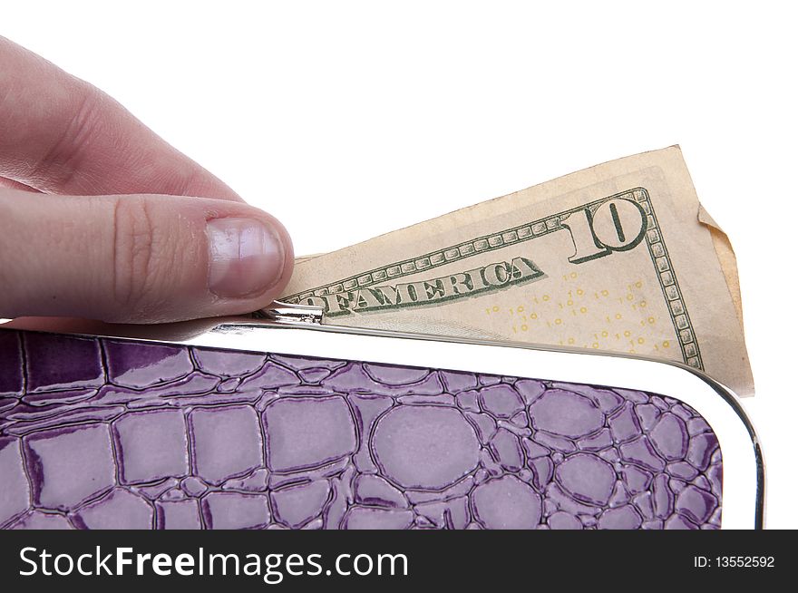Hand closing wallet with money.  Isolated on white with a clipping path. Hand closing wallet with money.  Isolated on white with a clipping path.