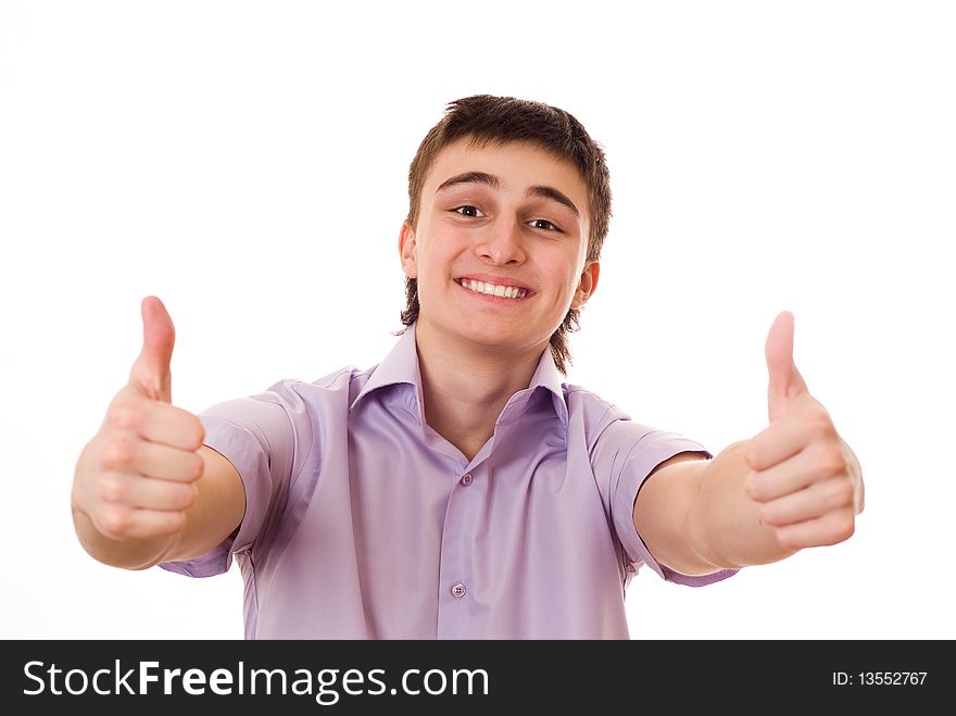 Cute teenager in a purple shirt against a white