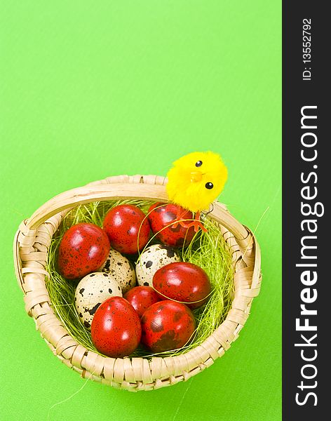 Easter eggs and chicken on green background. Easter eggs and chicken on green background