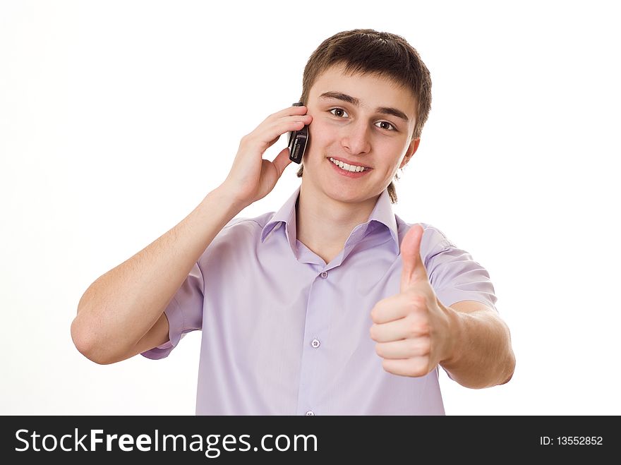 Student, talking on the phone on a white background