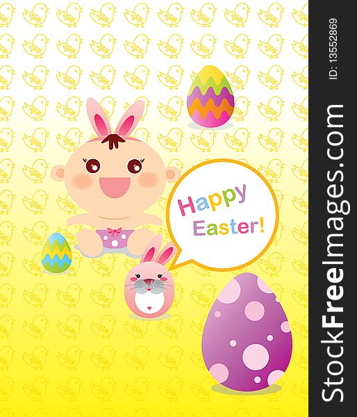 Lovely Illustration of Baby girl, Easter bunny, Easter egg with chick outline background