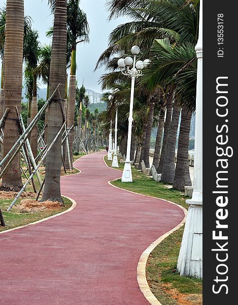 Red bike path winding forwards with trees at greenway