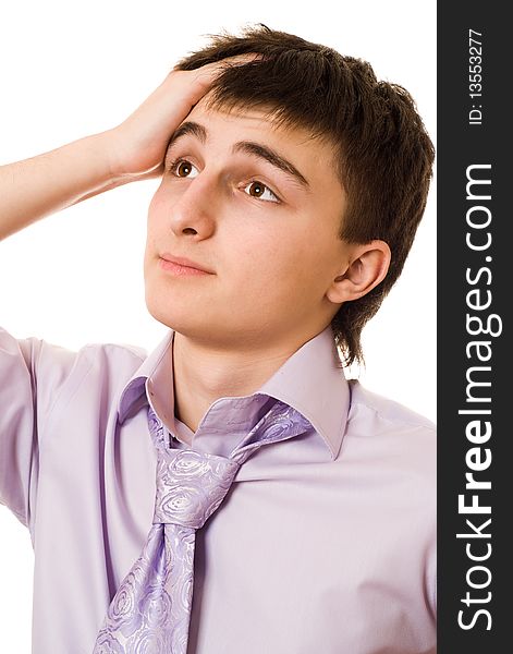 Young business man in a purple shirt with a white background