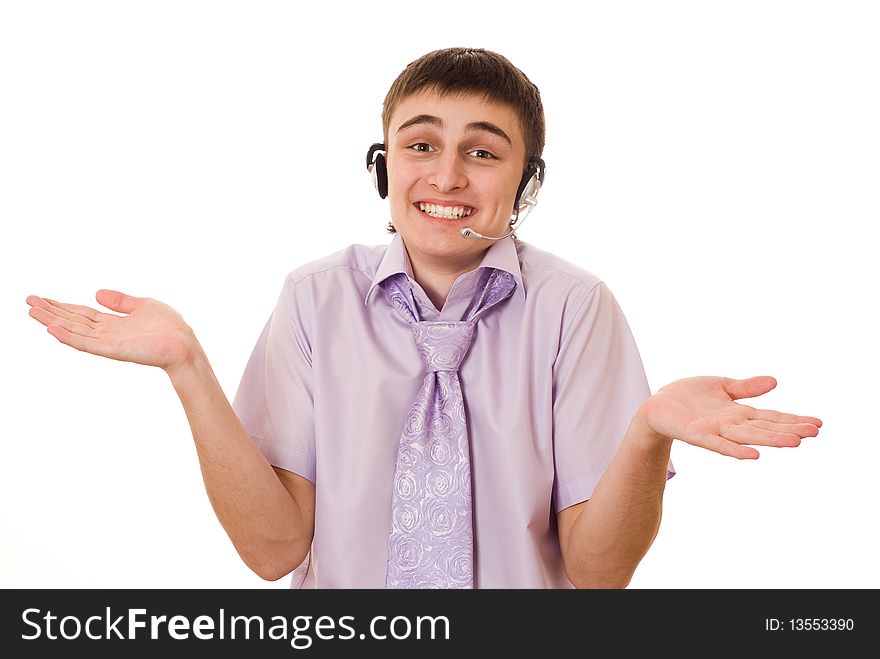 Portrait of a happy businessman in a purple shirt with a white