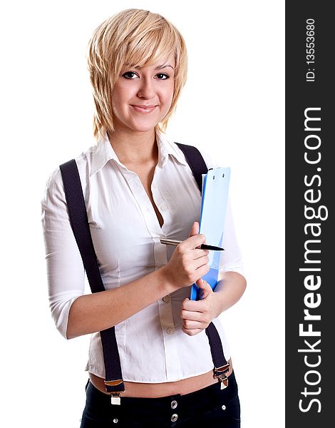 Business woman in a suit with clipboard on a white background