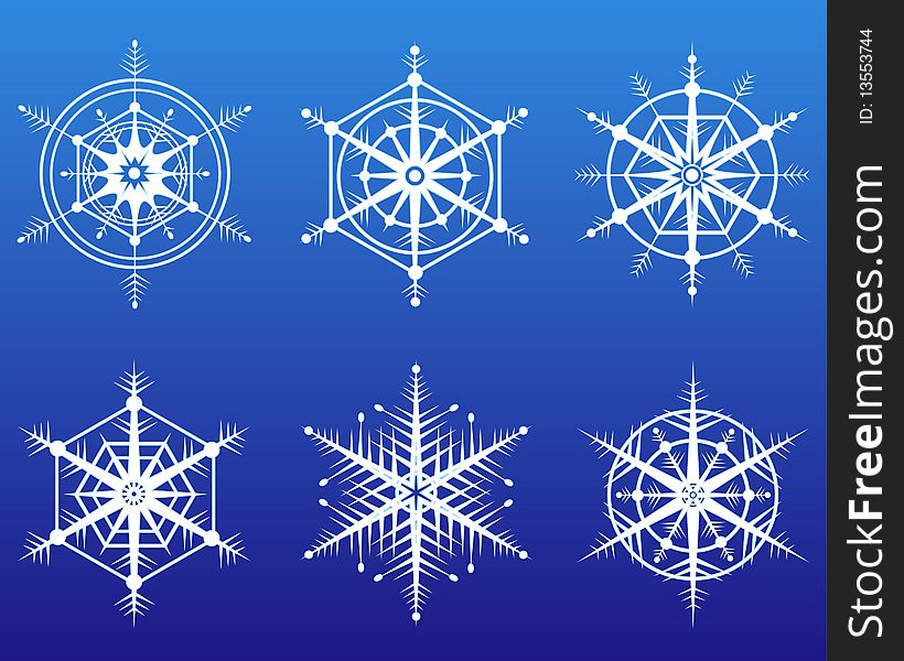 Icon set of 6 different snowflakes . Vector illustration. EPS8, all parts closed, possibility to edit. Icon set of 6 different snowflakes . Vector illustration. EPS8, all parts closed, possibility to edit.