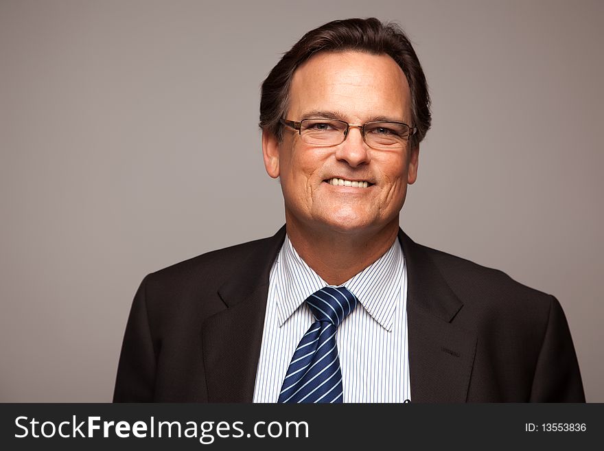 Handsome Businessman Smiling in Suit and Tie Isolated on a Grey Background. Handsome Businessman Smiling in Suit and Tie Isolated on a Grey Background.