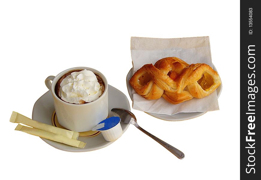 Morning coffee with cream and sweet pastry. Morning coffee with cream and sweet pastry